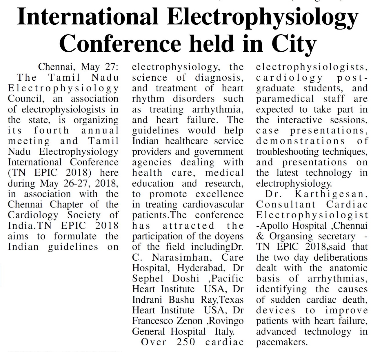 News clipping on 'International Electrophysiology Conference'.